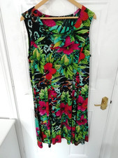 Anna Rose 20 Dress Black Pink Green Midi Multi Tropical Floral Stretchy Shift