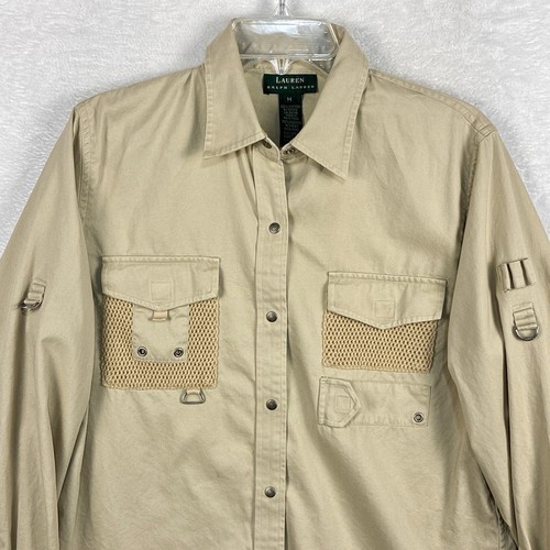 VTG Lauren Ralph Lauren Women M Khaki Safari Twill Roll Tab Sleeve Utility Shirt
