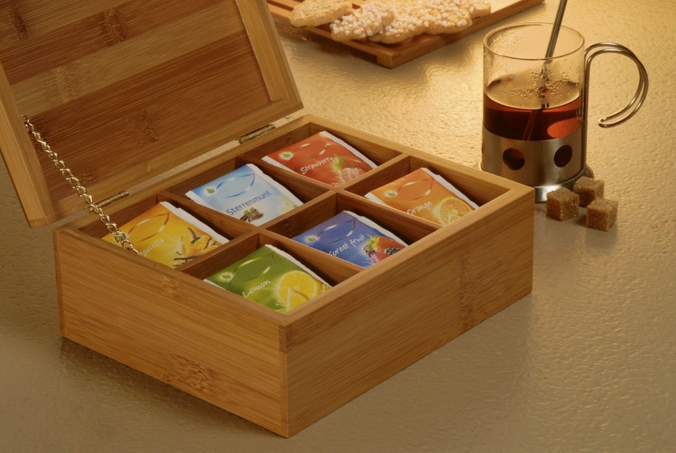 Wooden Bamboo Tea Box with Lid 6 Compartment Section Bag Storage ...