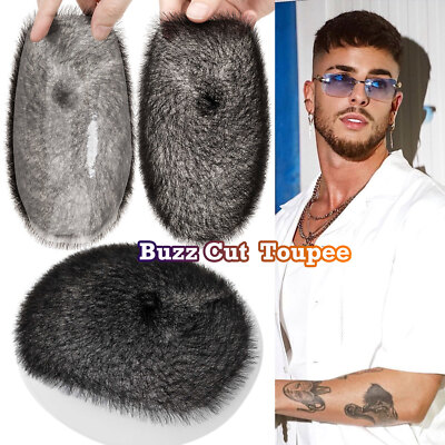 Mens Toupee Hairpiece 100% Human Hair System Thin PU Skin Base Short Buzz Cut FS