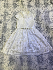 Jona Michelle Girls Size 8 White/Lace Fold Glitter Button Back Dress Christmas