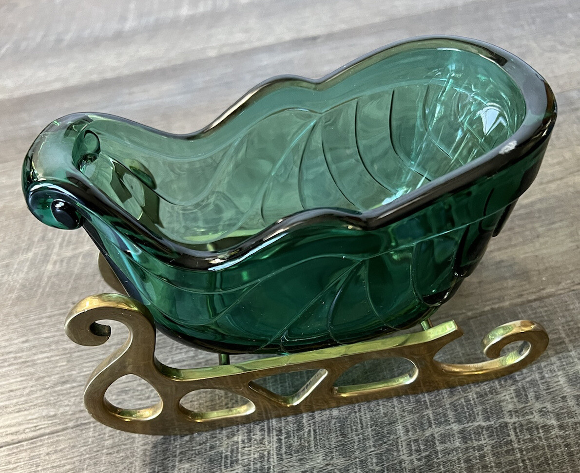 Vintage Fenton Green Glass Sleigh Candy Dish with Brass Runner