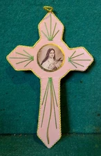 ST THERESE OF LISIEUX Old HANDMADE SILK LINED CARDBOARD WALL CROSS 164mm