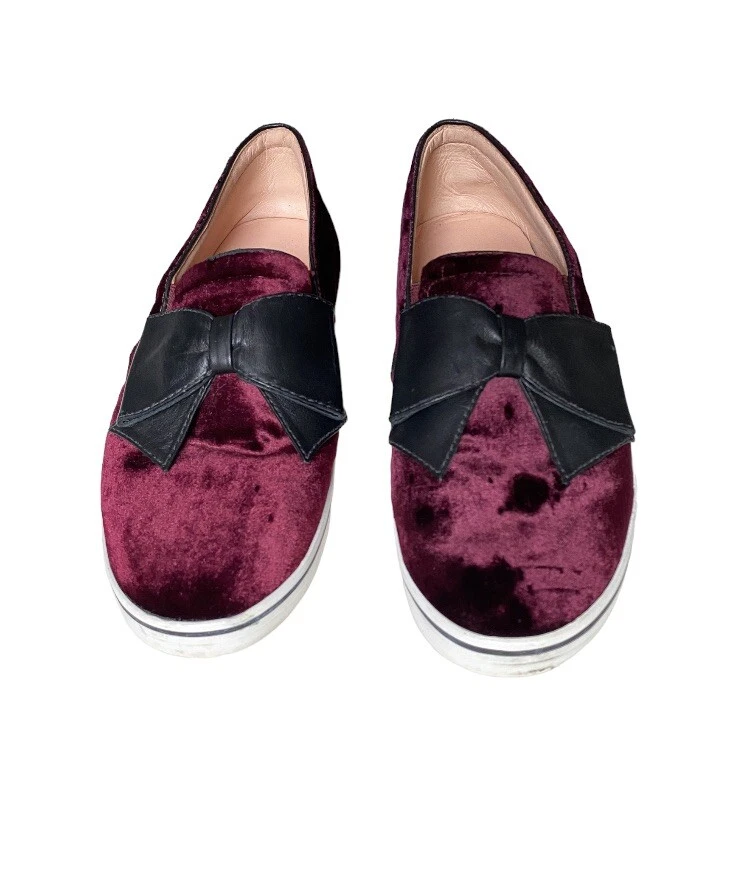 Kate Spade Delisle Maroon Velvet Shoes W Black Leather Bow Size 6.5