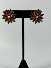 Red And Green Enamel Christmas Poinsettia Post Back Earrings