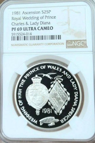 1981 ASCENSION ISLAND SILVER 25 PENCE ROYAL WEDDING NGC PF 69 ULTRA CAMEO TOP