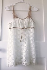 Linea Donatella White Lace Babydoll with Beige Trim Sz Small