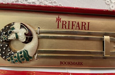Trifari Bookmark Snowman Wreath Metal Christmas Winter Sled Rhinestones NOS