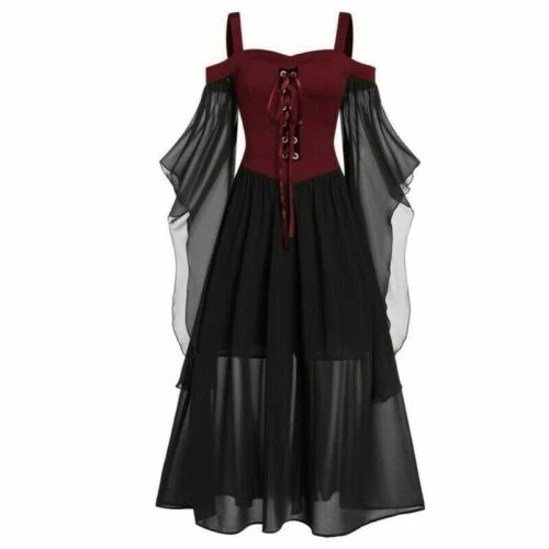 Kleider Plus Gothic Halloween Kleid Schnürärmel Fledermaus Damen Cold Shoulder - Bild 9 von 20
