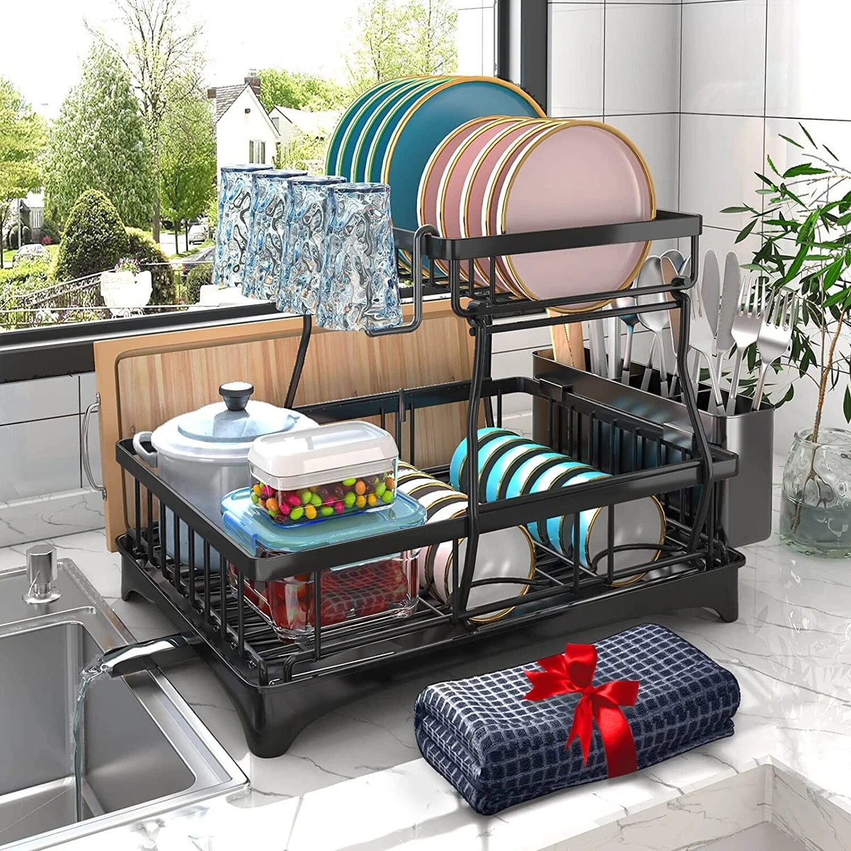 Dish Drying Rack with Drainboard 2-Tier Dish Racks for Kitchen Counter Dish