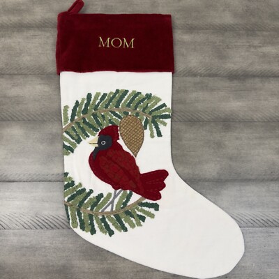 Pottery Barn Cardinal Red Bird Christmas Stocking Monogrammed “Mom