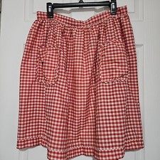 VTG Retro Homemade Cotton Red Gingham Check Pleated Apron 2 Pkts Mid Cent