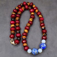 Red Ruby , Tiger Eye & Lapis Lazuli 424 Cts Round Shape Beads Necklace AK 05E491