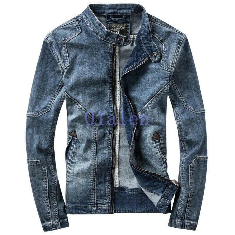 Spring Fall Mens Denim Coat Stand Collar Zip Slim Fit Jean Jacket Motorcycle New
