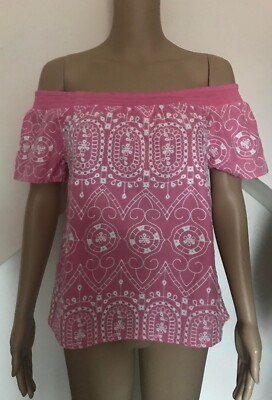 matalan pink off shoulder cotton top with white embroidery size 8, 100% cotton