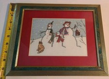 Framed Needlepoint Snowman Family With Mom Dad Child Cat And Bird 9 1/2 X12