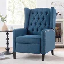 Blue Wide Recliner Chair Vintage Accent Manual Wingback Home Living Room Office