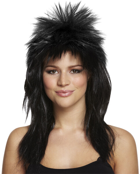 70s 80s Ladies Black Glam Rock Diva Wig Fancy Dress Spike Mullet
