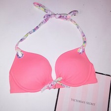 Victoria Secret Swim Bikini Top 32C Gorgeous Push Up Orange Multi Underwire