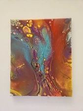Abstract Original Acrylic paint pouring Painting Autumn Colors Turquoise  8x10 