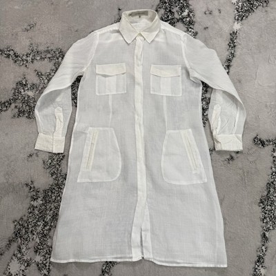 Gerard Darel Womens 38 White 100 Ramie Shirt Dress Long Sleeve Sz 4 Pocket Tunic