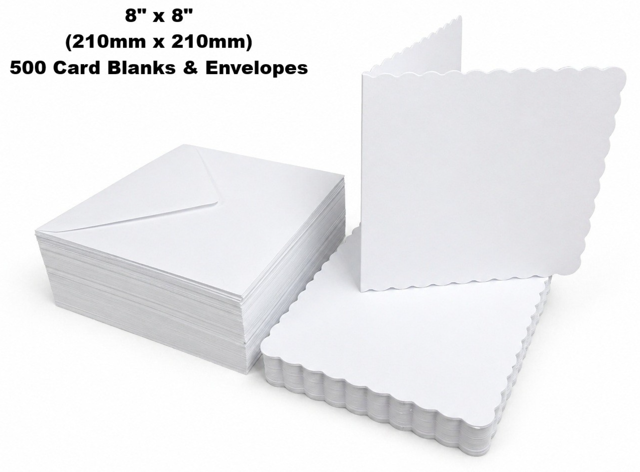 Premium 8"" x 8"" White Scalloped Card Blanks & Envelopes – 300gsm (Pack of 500)