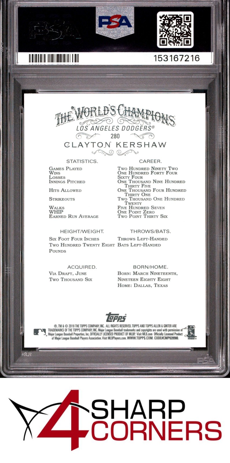2018 TOPPS ALLEN & GINTER #280 CLAYTON KERSHAW DODGERS PSA 10 view 2