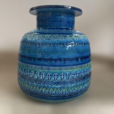 FLAVIA Bitossi Rimini Blue Vase 22cm Ceramic Blue Pattern Decor USED from JAPAN