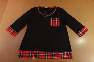 Your Style Womens Size Small Black Red Plaid Trim 3/4 Sleeve Tunic Top NWT