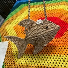 Betsey Johnson Brown Wicker Rattan Straw Fish Crossbody Bag Novelty Purse