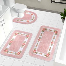 3 PCS Rose Bathroom Rugs Sets Flower Bath Carpet Soft Absorbent Floor Mat