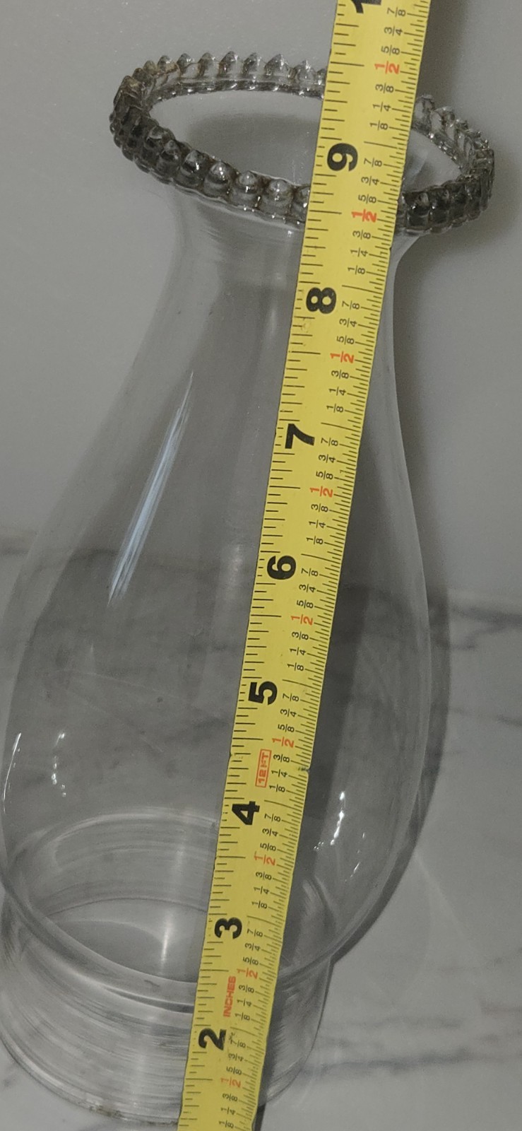 VTG GLASS OIL HURRICANE BEADED TOP LAMP CHIMNEY GLOBE SHADE 8.5" HIGH 3" FITTER