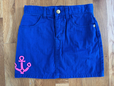 Gymboree Royal Blue Jeans Skirt Girls Size 7 Pink Anchor Adjustable Waist Pocket
