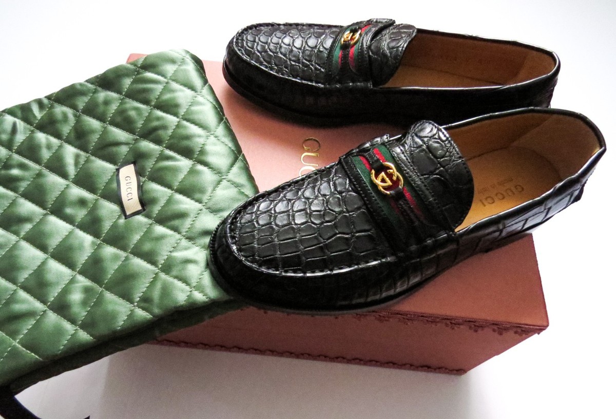 GUCCI Black Crocodile Alligator Leather GG Loafers Shoes 9 G 9.5