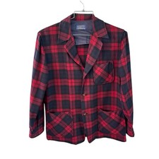 Pendleton VTG Wool 3 Wood Button Light Jacket Shirt Red Black Plaid 3 Pocket M