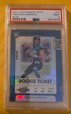 2021 PANINI CONTENDERS OPTIC BLUE #93 TREVOR LAWRENCE ROOKIE RC 31/99 PSA 9