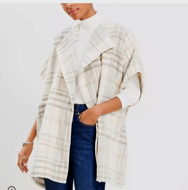 LOFT Oversized Wrap Size M/L Wool Blend Gray Plaid Shawl Poncho Pockets Y2K