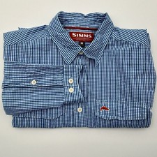 Simms Fishing Men's Long Sleeve Shirt Medium Blue White Gingham Cotton RN 103631
