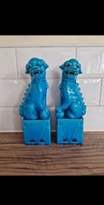 Coppia di statue cinesi per cani Fo Foo, smaltate blu turchese, shishi, 26 cm