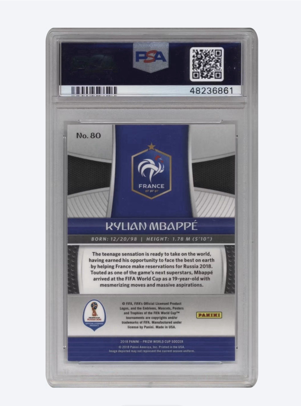Kylian Mbappe PSA 9, SSP Russia World Cup / 2018 Panini Prizm #80 France view 2