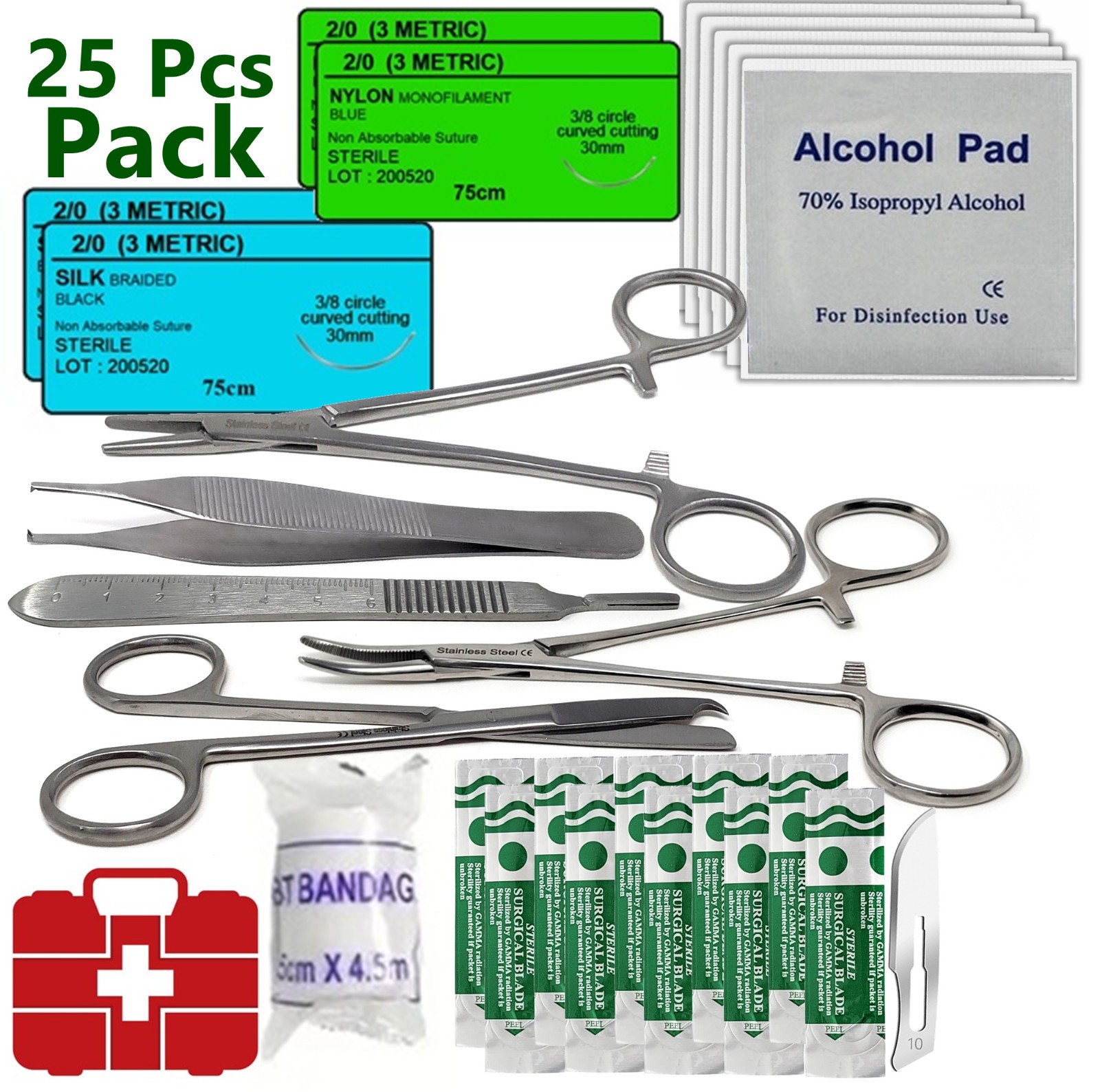 Surgical suture trauma kit | first aid supplies medical | travel trauma pack-25p