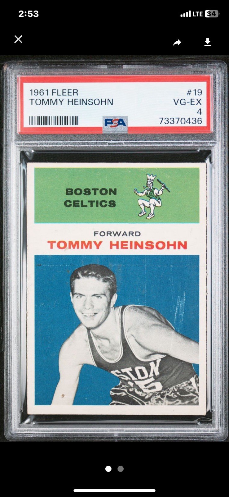 1961 Fleer Tom Heinsohn Rookie #19 PSA 4 Cert # 73370436