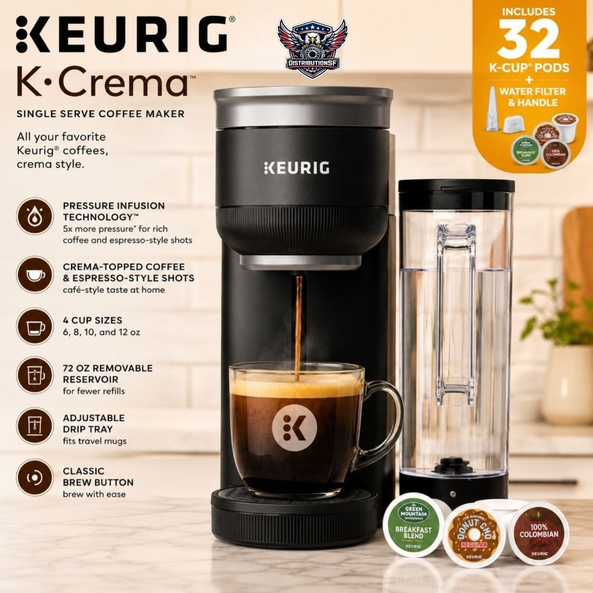 NEW Keurig K-Crema Coffee Maker Single Serve Brewer 72oz Reservoir