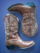 ARIAT-Round Up Boots-Russet Leather-Blue-Tan Stitching-Square Toe Cowgirl-6.5B