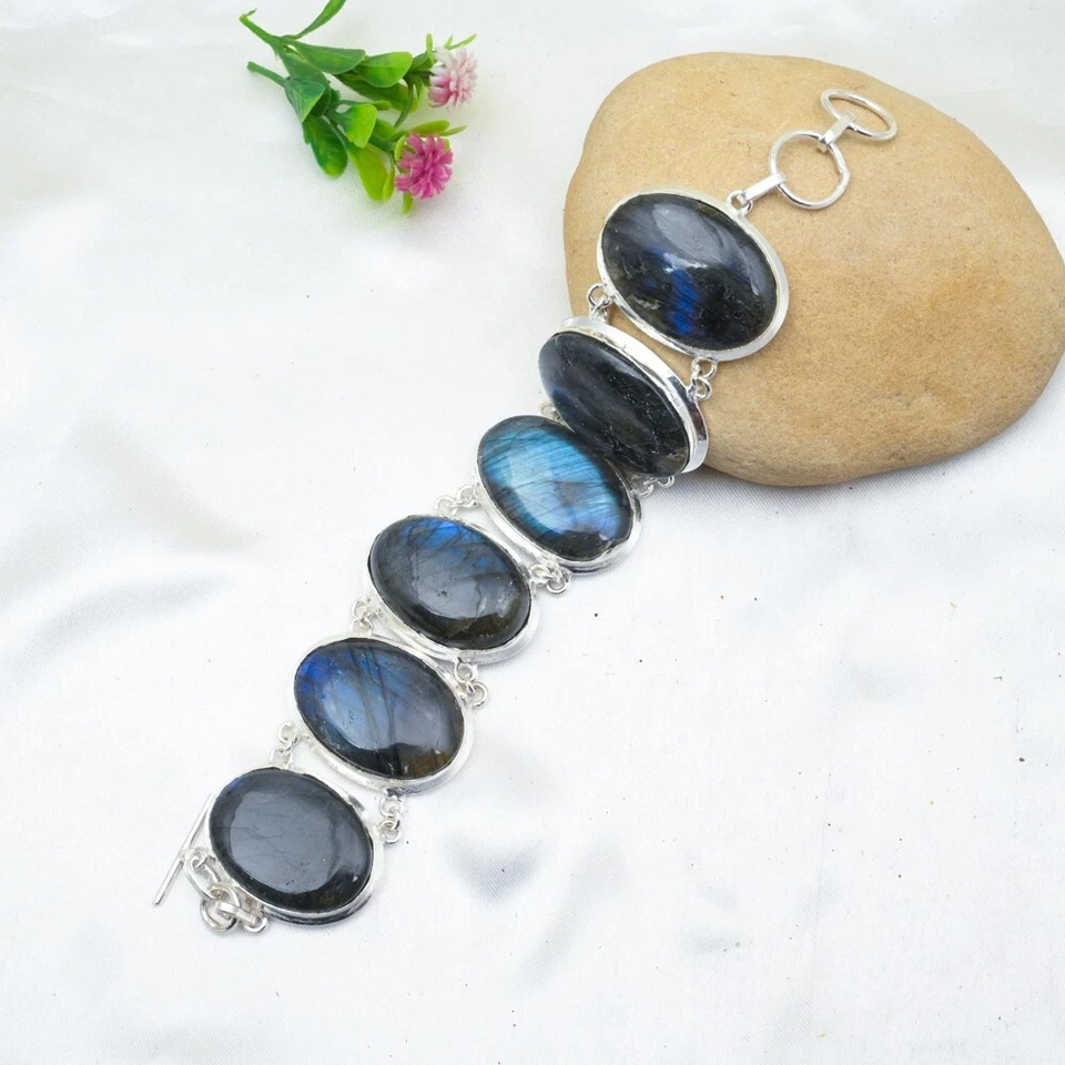 Labradorite Gemstone Chain Bracelet 925 Sterling Silver Handmade Jewelry Gift - Image 3 of 4