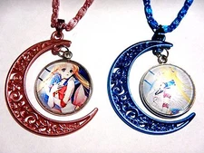 SAILOR MOON CRESCENT MOON PENDANT NECKLACE blue pink metal anime manga 3F