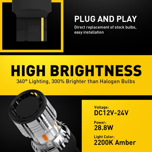 Amber 7440 7443 7444 LED Front Turn Signal Blinker Light Bulbs No Hyper Flash - 第 8/13 張圖片