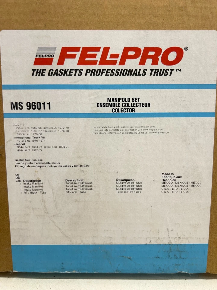 Juego de colectores de admisión Fel-Pro MS-96011 AMC/Jeep/International/Bricklin Foto 3 de 3
