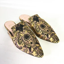 J Crew Women 6 Marina Slide Slip On Pointy Toe Flat Yellow Black Gold Brocade
