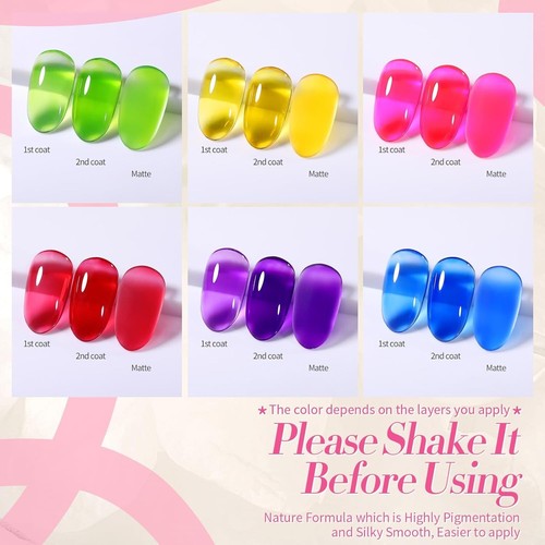 Jelly Gel Nail Polish Set, 6PCS Neon Colors - Green, Yellow, Hot Pink, Red, Blue - Picture 3 of 8